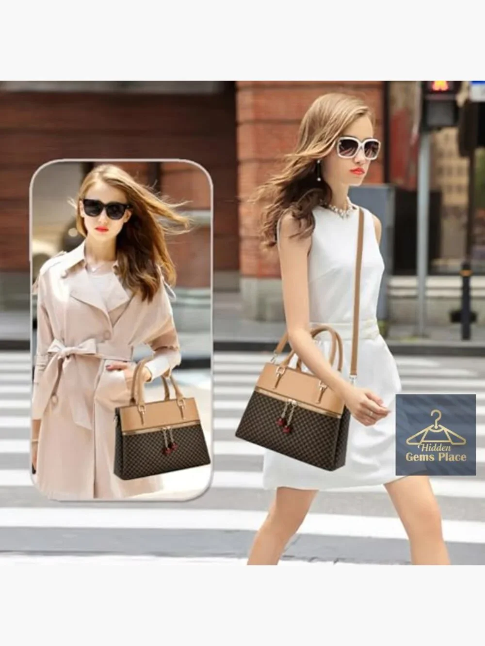 3 Zip Compartments Trendy Leather Tote Bag Shoulder Satchel Purse